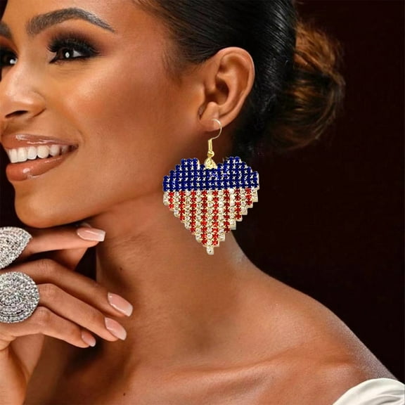Zhourta Independence Day Heart Earrings Patriotic Red White Blue Rhinestone Earrings Sparkling Heart Shaped Earrings Perfectly For Independence Day Celebrations