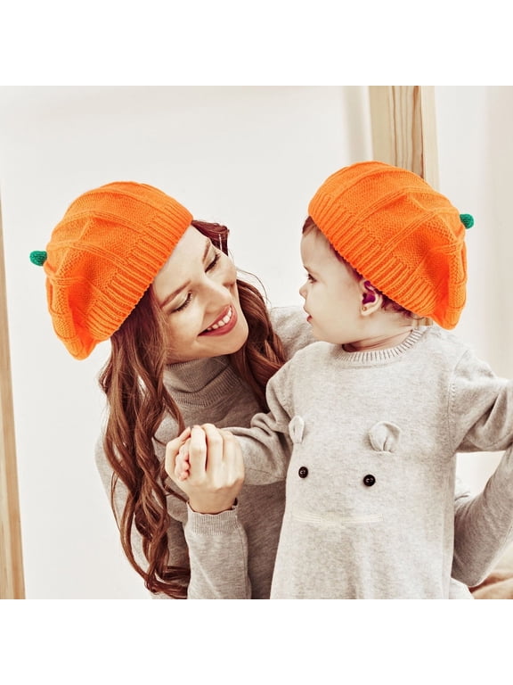 Zhourta Orange Beret Hat Thanksgiving Halloween Pumpkin Hat Winter Mother and Baby Beanie Hat for Outdoor Daily Wear Parent-child Hat Knitted Cap