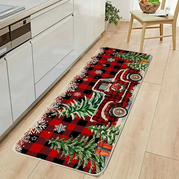 Zhourta Red Merry Christmas Plaid Car Pattern Doormat Kitchen Oil Absorbent Stain Absorbent Kitchen Cover Entry Door Non Wear Non Slip Home Holiday Doorma