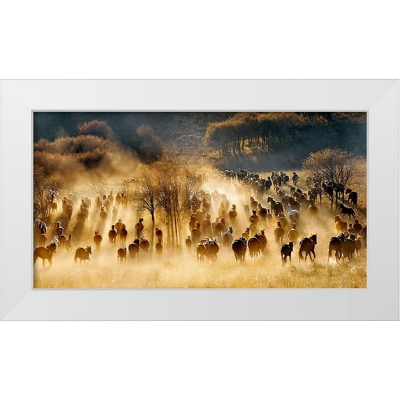 Zhu, Hua 32x19 White Modern Wood Framed Museum Art Print Titled - Horses