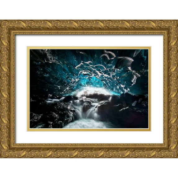 Zhu, Hua 32x23 Gold Ornate Wood Framed with Double Matting Museum Art Print Titled - Blue Glacier Cave