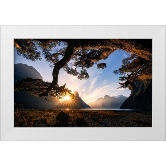 Zhu, Jingshu 18x13 White Modern Wood Framed Museum Art Print Titled - Sunny Day In Milford Sound