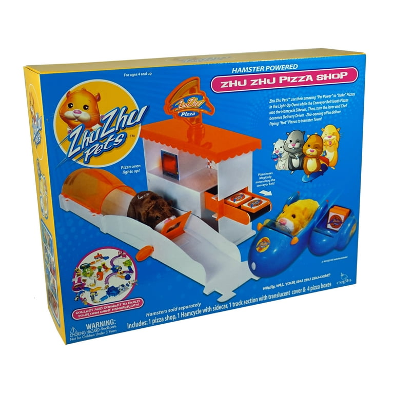 Zhu Zhu Pets Pizzeria Pizza Shop - Set Includes 1 Pizza Shop, 1 Hamcycle  with Sidecar, 1 Track Section with Translucent Cover & 4 Pizza Boxes 