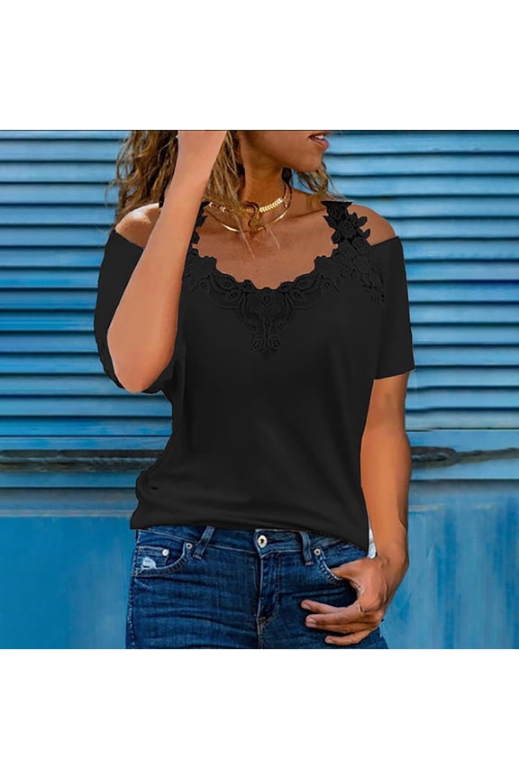 Sexy Tops for Women Going Out 2024 Cold Shoulder Short Sleeve Blouse Flower Print Loose Fitted Summer Tops Tunics Black