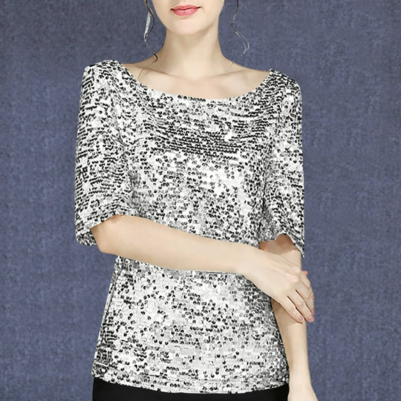 ZhuYan Summer Blouses for Women 2024 Solid Color Loose Fit Tunic Tops Short Sleeve Sequin Pullovers Trendy Casual Tee Tops Silver