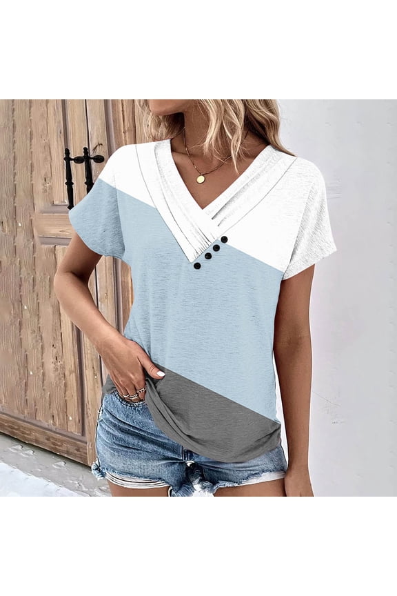 Womens Summer Tops 2024 Floral Stone Print Tees Shirts Short Sleeves V Neck Color Patchwork Tunic T-Shirts Blouses Light Blue