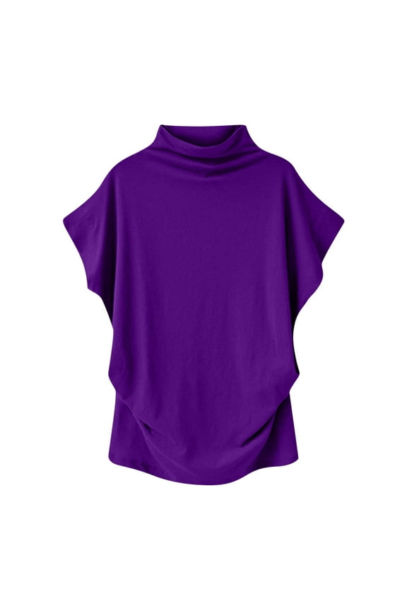 Womens Summer Tops Fashion 2024 Ruffled Sleeves Casual Half Turtleneck Bat Sleeve Top Dressy Solid Comfy Dolman Top Purple
