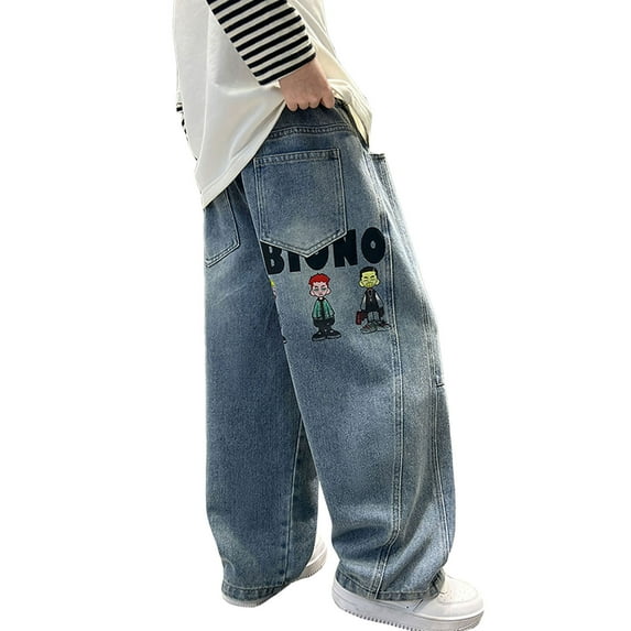 Zhuashum 10-11 Years Pants For Boys Solid Color Wide Leg High Waist Loose Fit Everyday Wear Demin Pants Durable Wear Blue