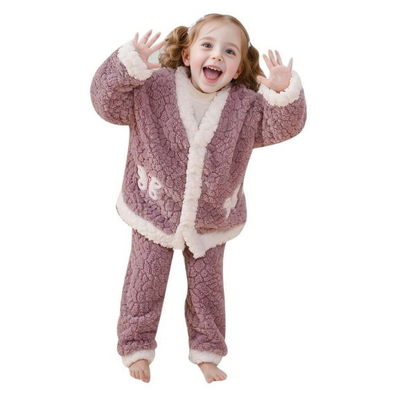 Zhuashum 4-5 Years Pajamas Girls Solid Color Long Sleeve Round Neckpants Winter Warm Soft Fuzzy Homewear With Sweatpants Soft Outfits Gray
