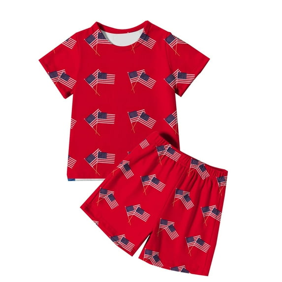Zhuashum 4Th Of July Outfits For Boys 3-4 Years Short Sleeve Crew Neck Independence Day Children T Shirt Top Shorts Set Flag Prints Patriotic Playsuit Red