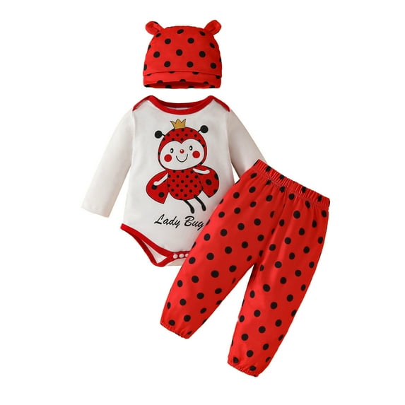 Zhuashum Baby Girl Outfits Long Sleeve Cartoon Prints Romper Bodysuit Dot Pants Hat Outfits Sweatsuit Red 9-12 Months