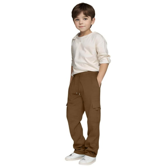 Zhuashum Baseball Pants Youth Boys 9-10 Years Children'S Sports Drawstring Sweatpants Solid Color Straight Leg Cargo Pants With Pocket Comfortable Daily Wear Coffee