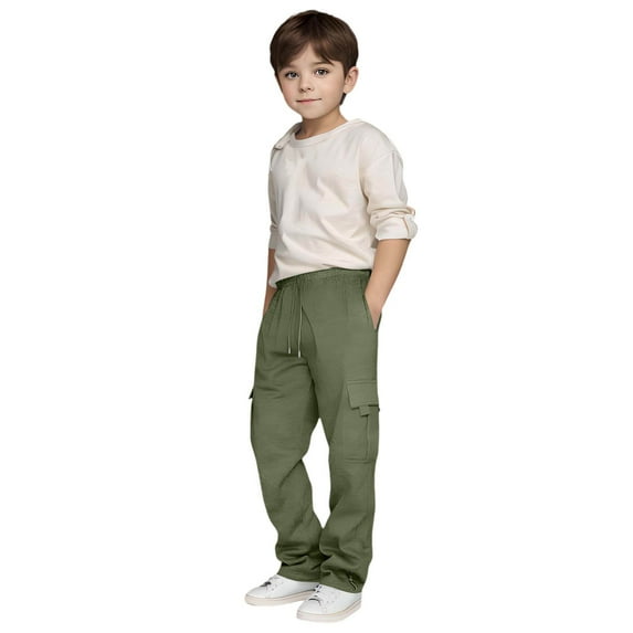 Zhuashum Boys Pants 3-4 Years Children'S Sports Drawstring Sweatpants Solid Color Straight Leg Cargo Pants With Pocket Cute Daily Wear Green