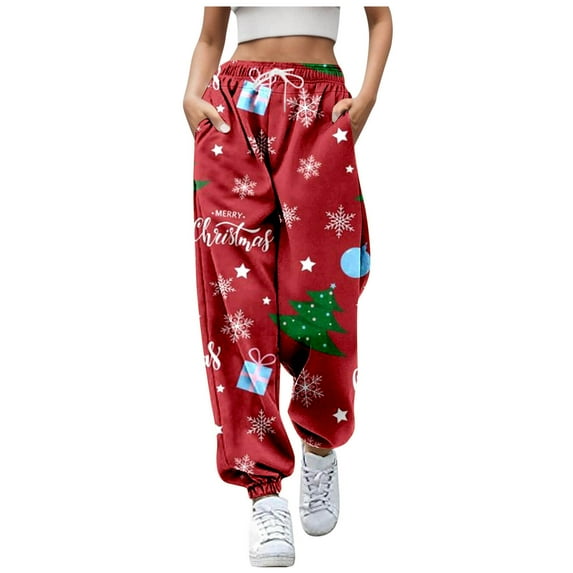 Zhuashum Christmas Pajama Pants Women High Elastic Waist Xmas Cartoon Graphic Slacks Ladies Straight Leg Jogger Trousers Pj Bottom Casual Gift Red L