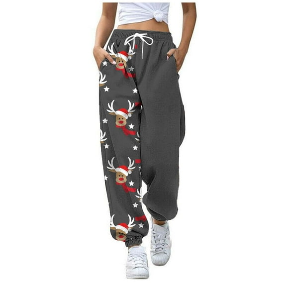 Zhuashum Christmas Pants Women Autumn And Winter Cartoon Printed High Waisted Elastic Lace Up Athletic Sweatpants With Pockets Lovely Clothes Black L