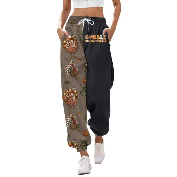 Zhuashum Christmas Pants Women Color Match Elastic Waist Fashion Drawstring Trousers Straight Leg Tie Sports Jogging Pants Lovely Wear Black L