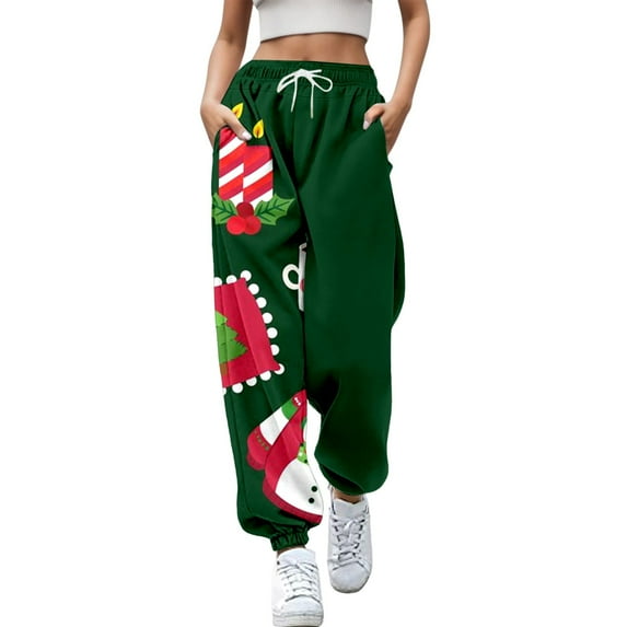 Zhuashum Christmas Pants Women Straight Leg Jogger Trousers Xmas Tree Print Bottom Sweatpants Pockets High Waist Sporty Gym Athletic Fit Jogger Pants Lightweight Clothes Dark Blue L