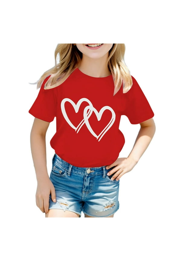 Clothes For Teen Girls 9-10 Years Valentine'S Day Short Sleeve Tee Kid Graphic Round Neck Summer Shirt Cute Tops Red
