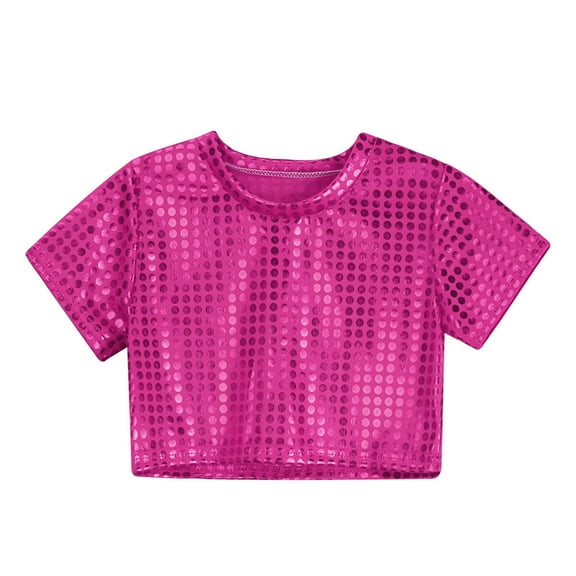 Zhuashum Cute Clothes For Girls 5-6 Yearstoddler Round Neck Casual Short Sleeves Sequin Glitter Party Carnival Gown Top Leisure Daily Wear Hot Pink