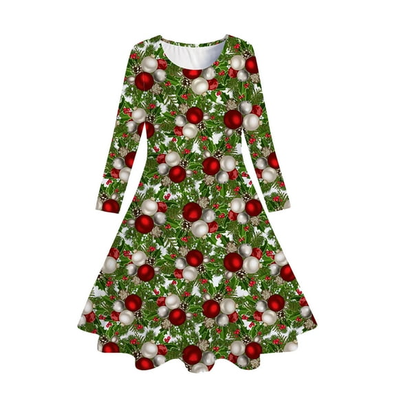 Zhuashum Dress For Girls 10-13 Years Long Sleeve Christmas Trees Deer Print Party Dress Kids Teen Round Neck A Line Sundress Fashion Clothes Green