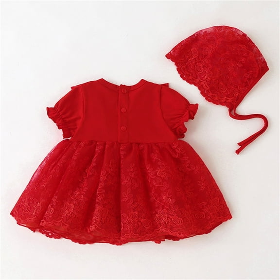 Zhuashum Dresses For Girls 6-9 Months Soft Dress Spring Round Neck Solid Color Sundress Short Sleeve Beautiful Outfits Red