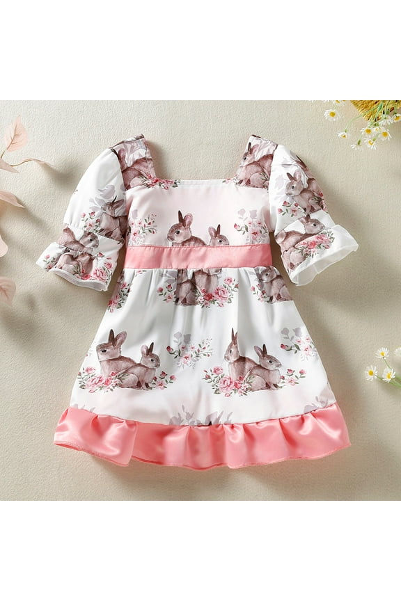 Flower Girl Dress 18-24 Months Toddler Easter Flare Sleeve Cartoon Rabbit Printed Ruffles Bowknot Princess Dress Lovely Playsuit Pink