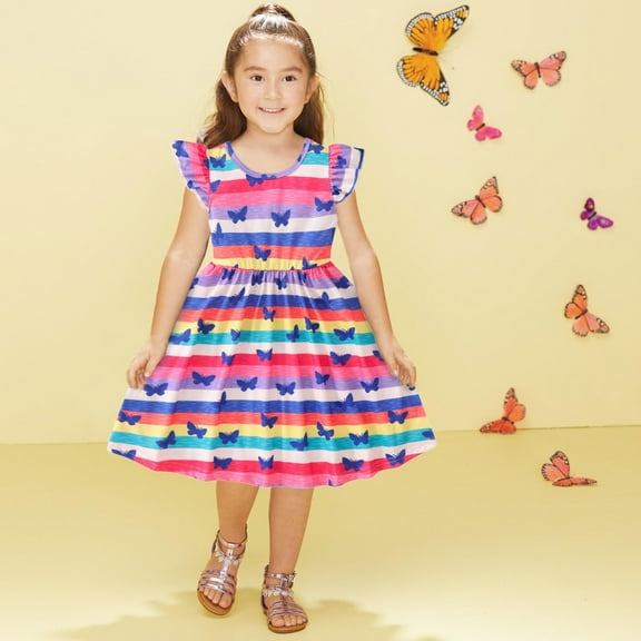 Zhuashum Flower Girl Dress 3-4 Years Toddler Child Fly Sleeve Cartoon Stripe Prints Summer Beach Party Princess Dress Adorable Girl Clothes Hot Pink