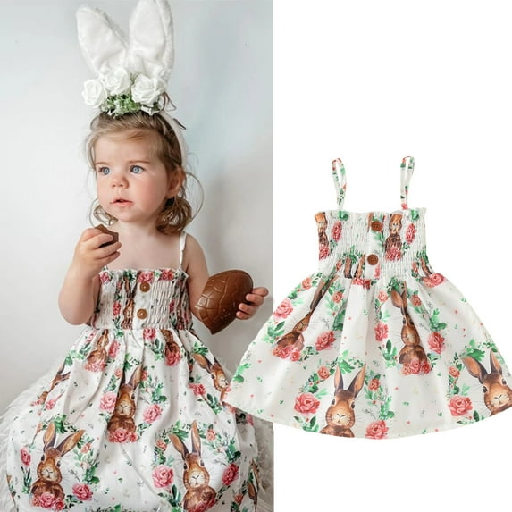 Zhuashum Flower Girl Dress 6-12 Months Easter Bunny Sling Dresses Rabbit Floral Print Sleeveless Strap Knee Length Princess Dress Lovely Outfits White