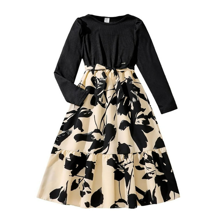 Zhuashum Flower Girl Dress 7-8 Years Floral Printed Long Sleeve Dresses  Crewneck Retro Sundress Spring Summer Trend Basic Girl Clothes Black -  Walmart.com