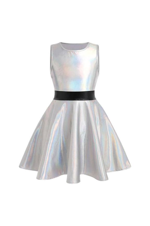 Flower Girl Dresses 130 Spring Sleeveless Sequin Dress Round Neck Retro Sundress Sweet Basic Girl Clothes Silver