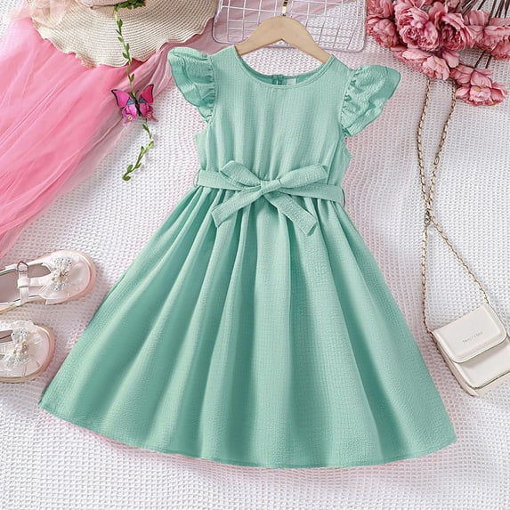 Zhuashum Flower Girl Dress 2-3 Years Summer Round Neck Butterflies Graphic Dresses Retro Sleeveless Sundress Sweet Daily Wears Green