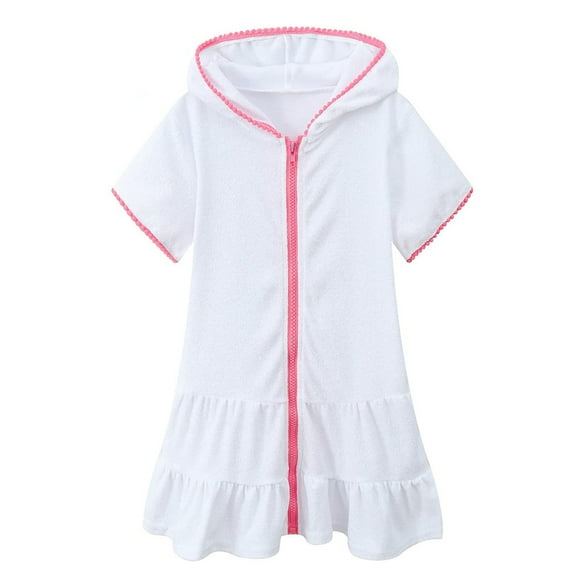 Zhuashum Girl Dress 3-4 Years Short Sleeve Swim Cover Up Kids Swimsuit Coverup Zip Up Beach Bathing Suit Hooded Bathrobe Absorbent Beach Dress Lovely Wear White