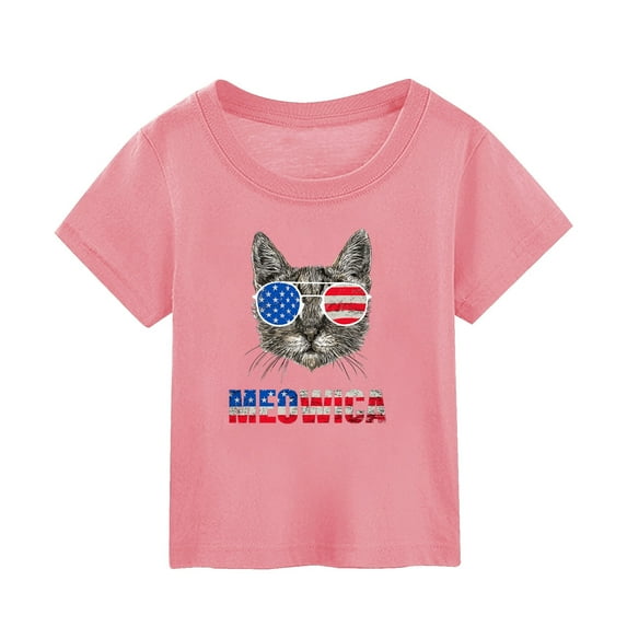 Zhuashum Girl Summer Tops 7-8 Years 4Th Of July Short Sleeve Round Neck Solid Color Cartoon Graphic Summer Independence Day Cat Printedd Top Worn Over And Girl Patriotic Clothes Pink