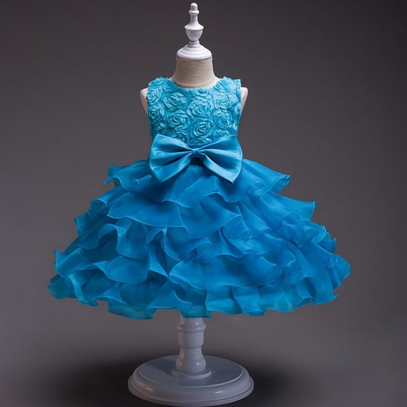 Zhuashum Girls Dress 5-6 Years Retro Round Neck Solid Color Sundress Spring Summer Long Sleeve Dresses Lovely Playsuit Blue