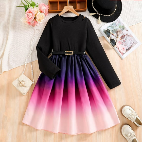 Zhuashum Girls Dress 9-10 Years Trend Dresses Spring Round Neck Gradient Sundress Long Sleeve Casual Girl Clothes Black