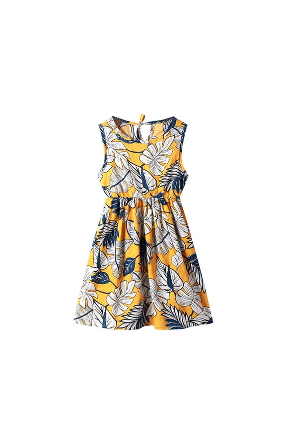 Girls Dresses 10-12 Years Round Neck Dress Summer Sleeveless Floral Graphic Sundress Lovely Elegance Daily Wears Yellow