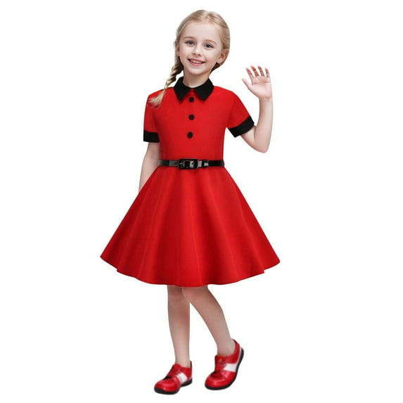 Zhuashum Girls Dresses 11-12 Years Trend Dress Round Neck Solid Color Sundress Short Sleeve Summer Sweet Daily Wears Red