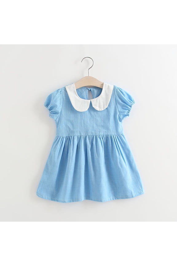Girls Dresses 3-4 Years Retro Dress Round Neck Solid Color Sundress Sleeveless Summer Simple Style Girl Clothes Blue