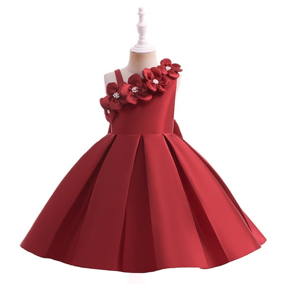 Zhuashum Girls Dresses 4-5 Years Trend Dress Summer Round Neck Cartoon Flower Graphic Sundress Sleeveless Fashion Playsuit Red