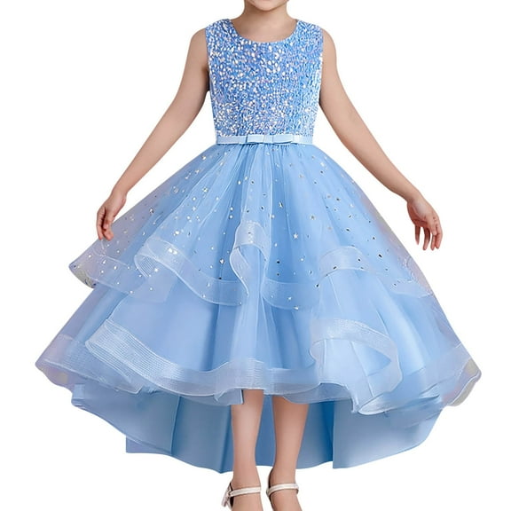 Zhuashum Girls Dresses 6-7 Years Leisure Round Neck Solid Color Sundress Spring Sleeveless Dress Beautiful Outfits Blue