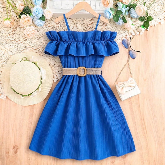 Zhuashum Girls' Dresses 8-9 Years Lightweight Dress Round Neck Solid Color Sundress Sleeveless Spring Basic Daily Wears Blue