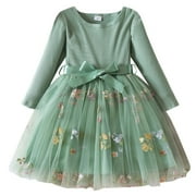 Zhuashum Girls Dresses Long Sleeve Bowknot Floral Dress Crew Neck Casual Sundress Sweet 3-4 Years Girl Clothes Light Green