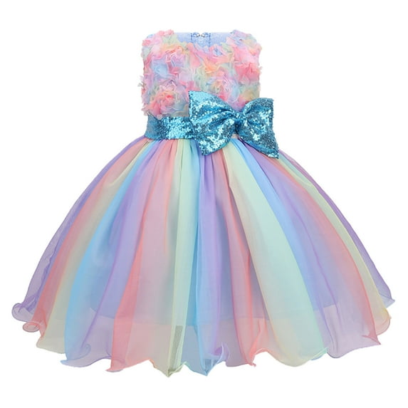 Zhuashum Girls' Dresses Sleeveless Gown Princess Tulle Bowknot Birthday Dress Wedding Paillette Party Pageant Skirt Blue,Size:6-7 Years