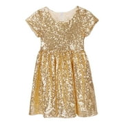 Zhuashum Girls Holiday Dress Round Neck Flower Girl Dress Spring Summer Sequin Short Sleeve Sundress Holiday Trend Girl Clothes 4-5 Years Gold