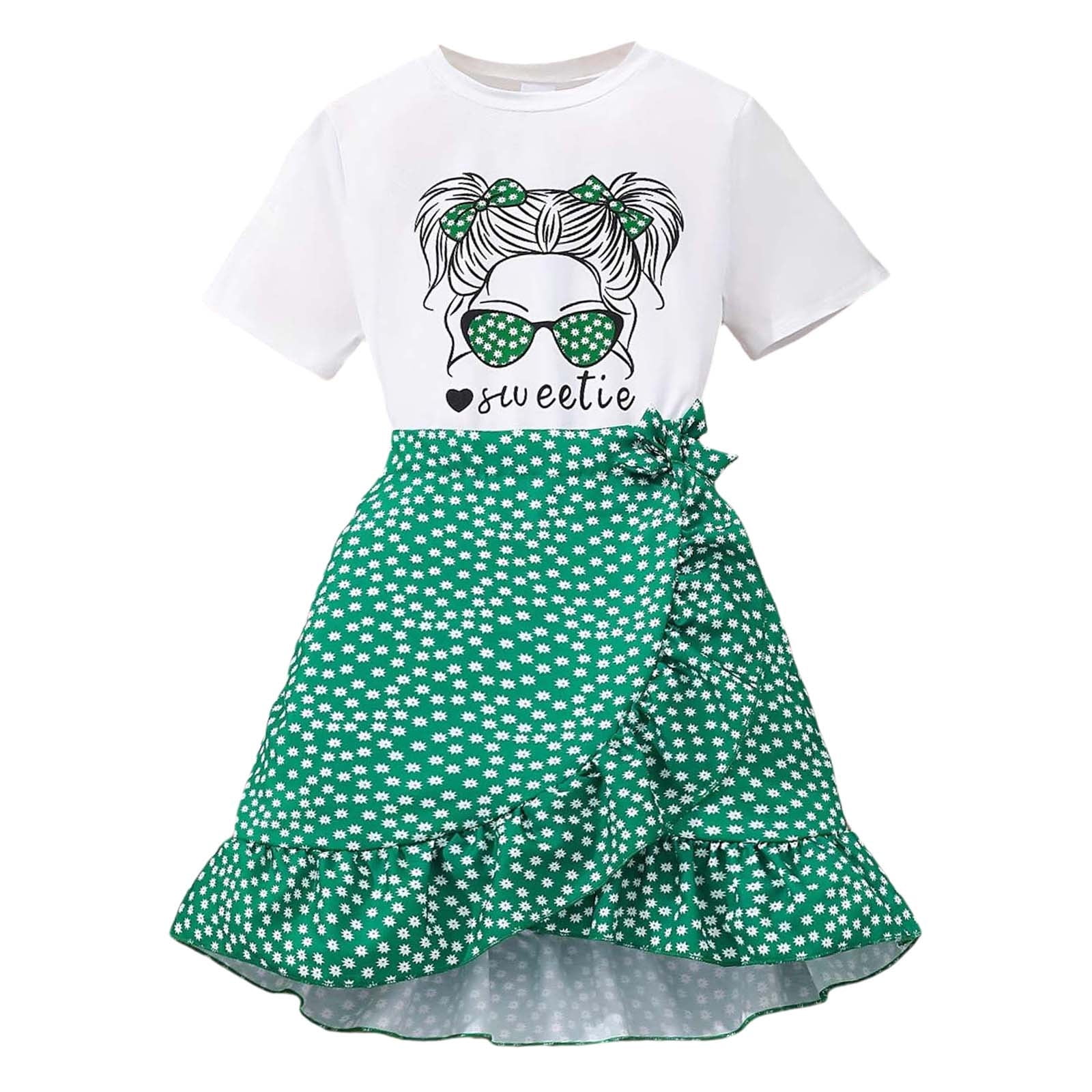 Girls Outfits 9-10 Years Soft Round Neck Short Sleeve Clothes Bowknot Floral Graphic Festival Set Sweet Girls Clothing Green