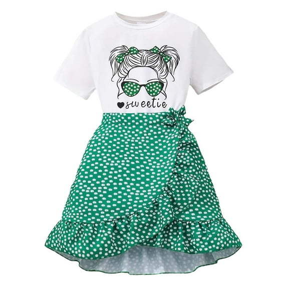 Zhuashum Girls Outfits 9-10 Years Soft Round Neck Short Sleeve Clothes Bowknot Floral Graphic Festival Set Sweet Girls Clothing Green