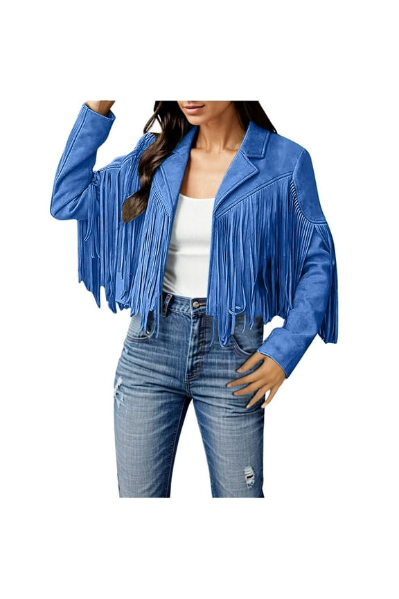 Jackets For Women Casual Fashion Fringe Suede Leather Jackets Fashion Tassel Motorcycle Cropped Coats Retro Outerwear Blue S
