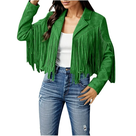 Zhuashum Jackets For Women Fall Fashion Fringe Suede Leather Jackets Fashion Tassel Motorcycle Cropped Coats Classic Coats Green M