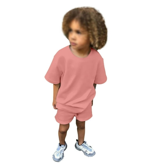 Zhuashum Kid Outfits For Boys 6-7 Years Short Sleeve Round Neck Clothes Solid Color Leisure Set Sweatsuit Sweet Wear Brick Red