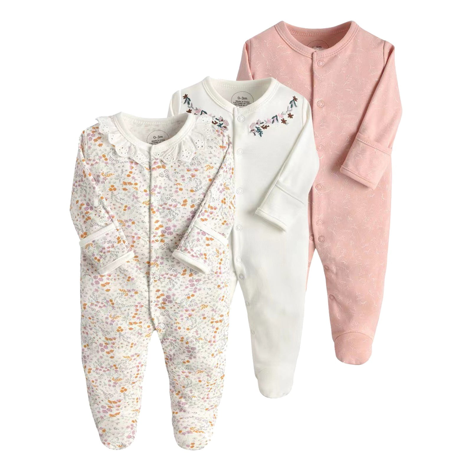 Zhuashum Onesies 9-12 Months Three Piece Long Sleeved Pajamas Romper Set Spring And Autumn Cartoon Prints Foot Crawling Suit Cute Playsuit Pink